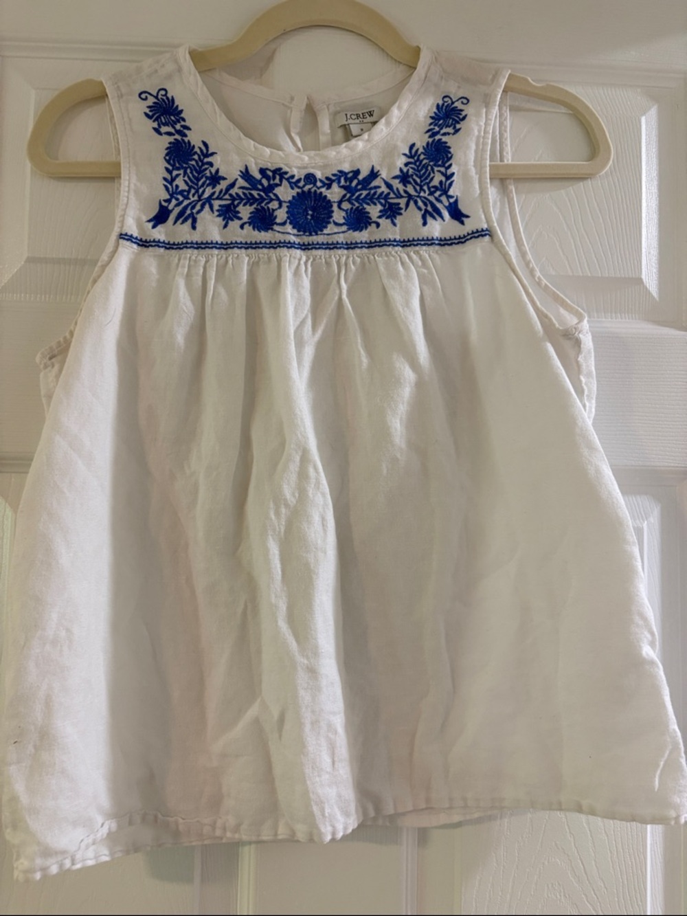 J. Crew White Sleeveless Tank with Royal Blue Embroidering 60% linen, 40% cotton